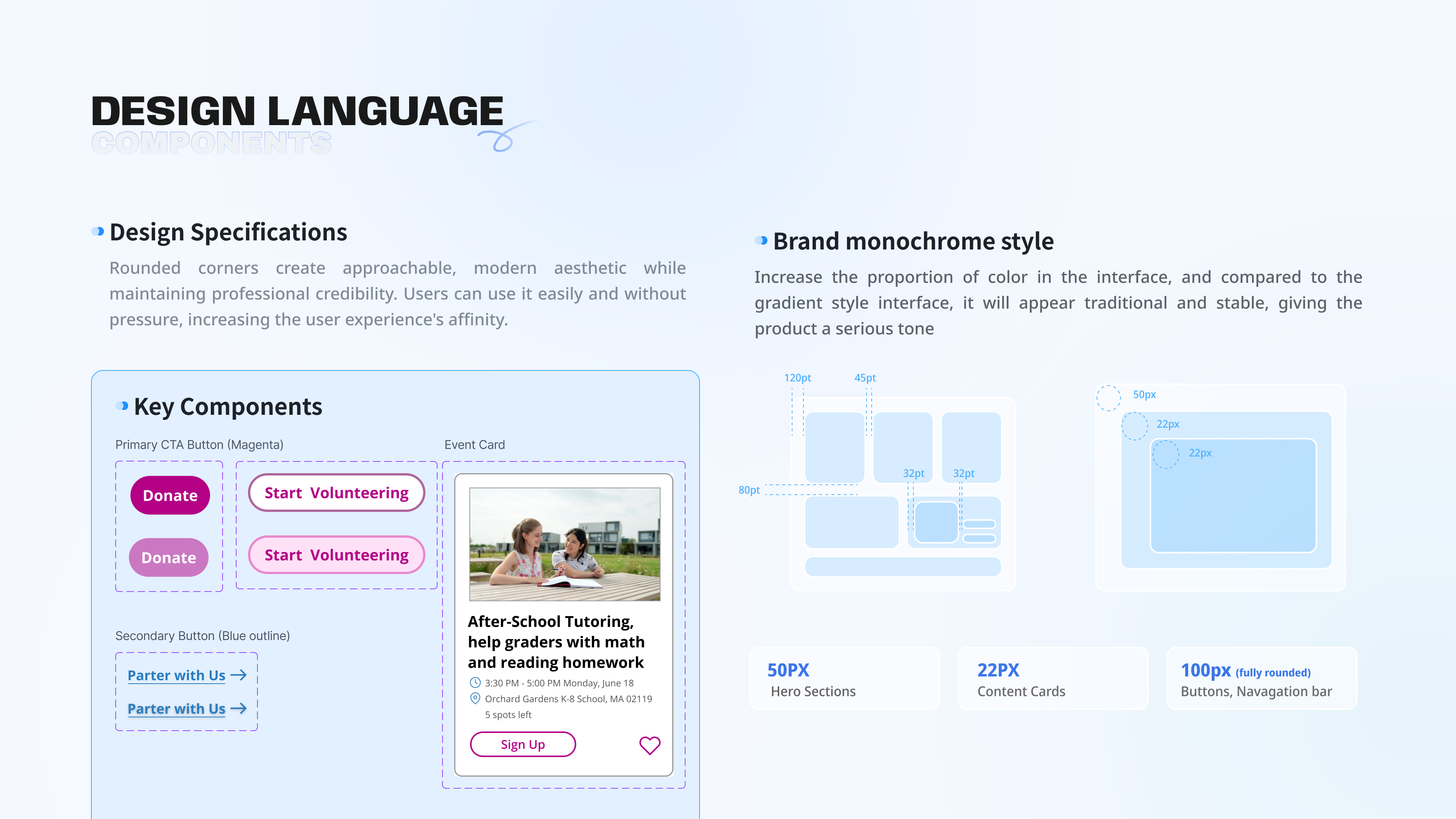 Boston Cares component specifications, buttons, cards, and spacing rules